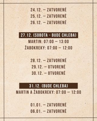 🎄 Otváracie hodiny Poctivých potravín Zrnko počas sviatkov 🎄 📅 Utorok 24. 12. – ❌ ZATVORENÉ 📅 Streda 25. 12. – ❌ ZATVORENÉ...